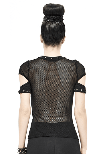 Elegant Gothic Black T-shirt with Hollow Mesh Detail
